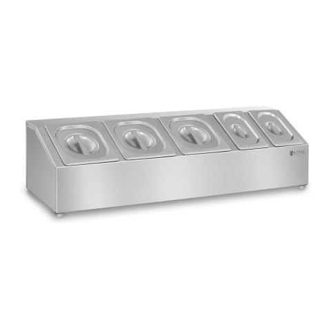 Ekspozytor stojak na pojemniki 3x GN1/6 2x GN1/9 + pokrywki Stal nierdzewna Royal Catering Ekspozytor stojak na pojemniki 3x GN1/6 2x GN1/9 + pokrywki Stal nierdzewna Royal Catering